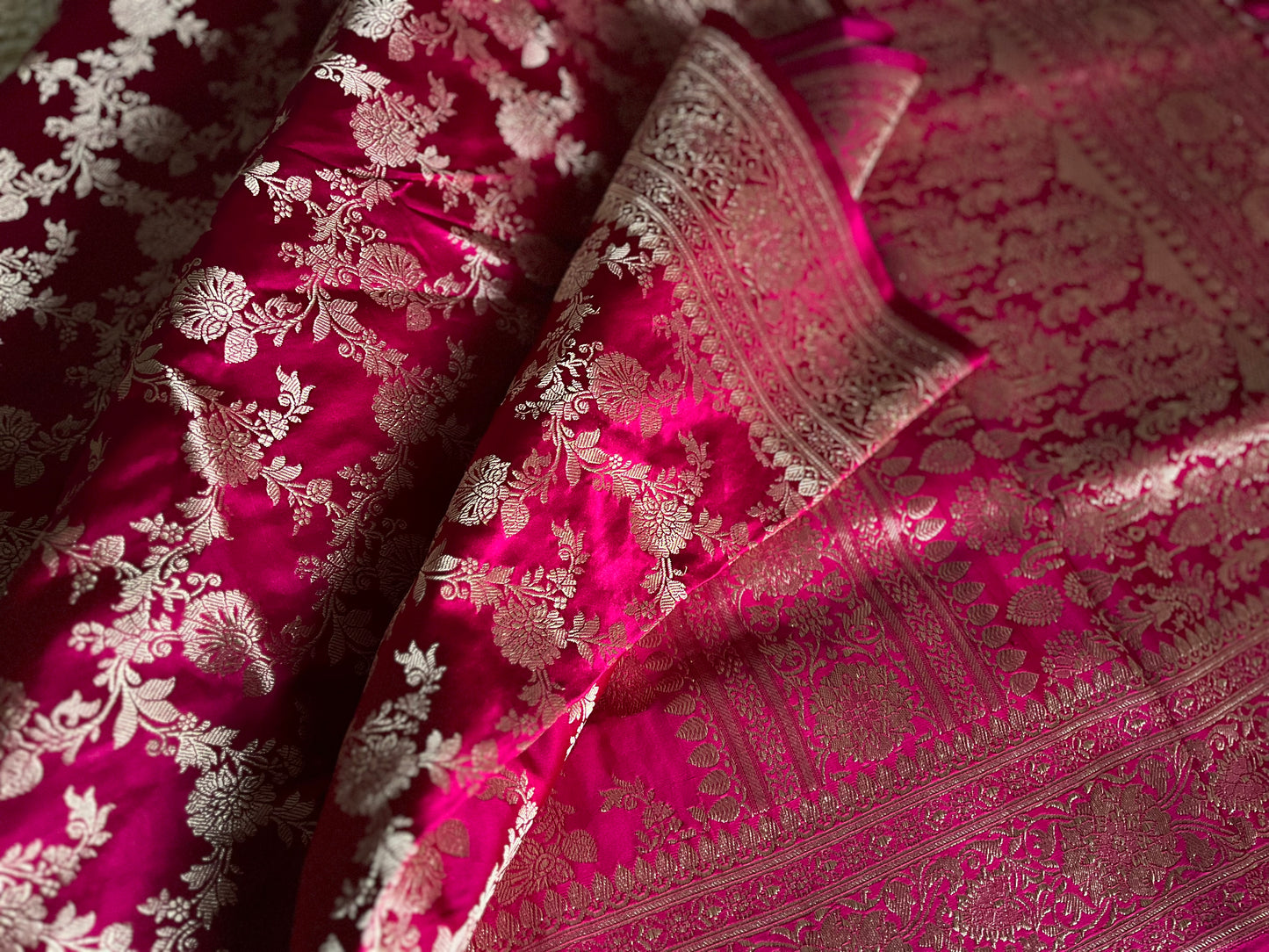 Sabyasachi Inspired Banarasi Pure Silk Satin Mashru Jangla saree | Wedding | Rani Pink Bridal| Handloom | Designer saree | Sattva Weaves Sari | USA (Copy)