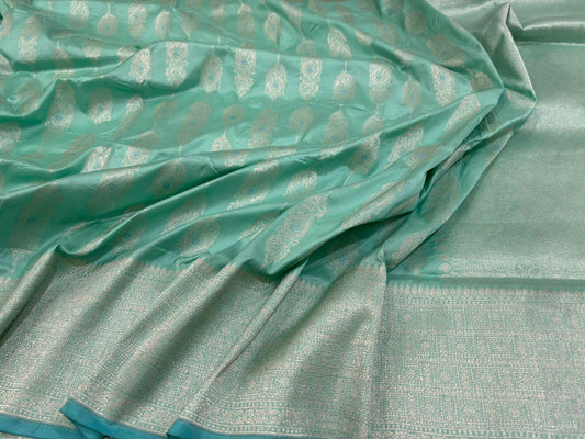 Classic Banarasi Meenakari Pure Silk Katan Jangla saree | Bluish Green Pastel | Paisley | Wedding | Handloom | Sattva Weaves | USA