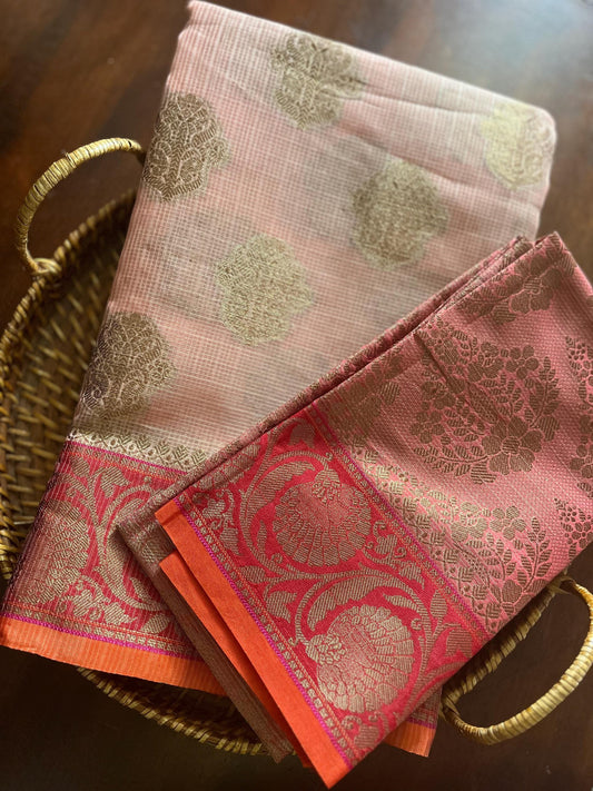 Kota Checks Banarasi Cotton Rich Handwoven Zari Butta Saree | Peach Saree | Benarasi | Sattva Weaves Sari | USA