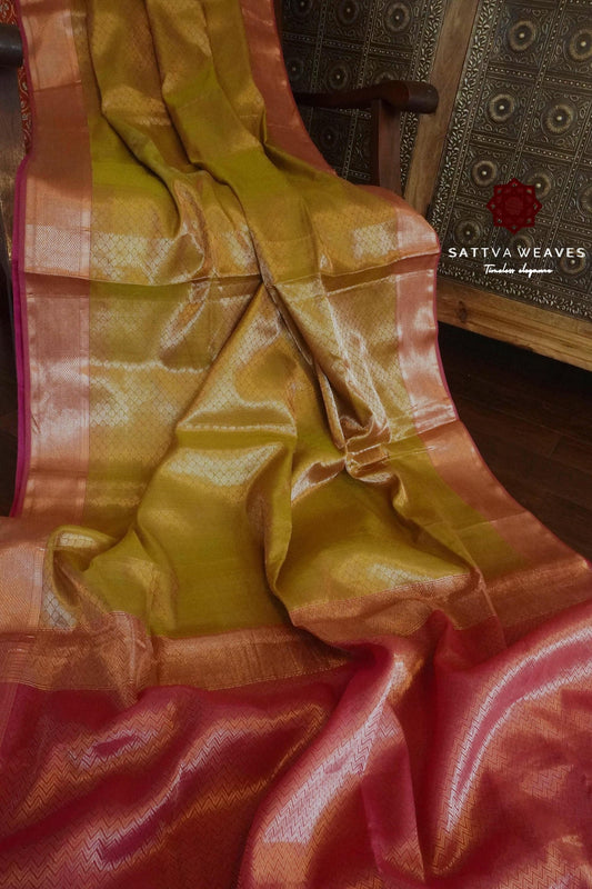 Silk Tissue Mehendi Green Rani Pink Maheshwari Leaf Jaal handcrafted Saree | Brocade | Contemporary Sari | Handloom Sattva Weaves Sari | USA