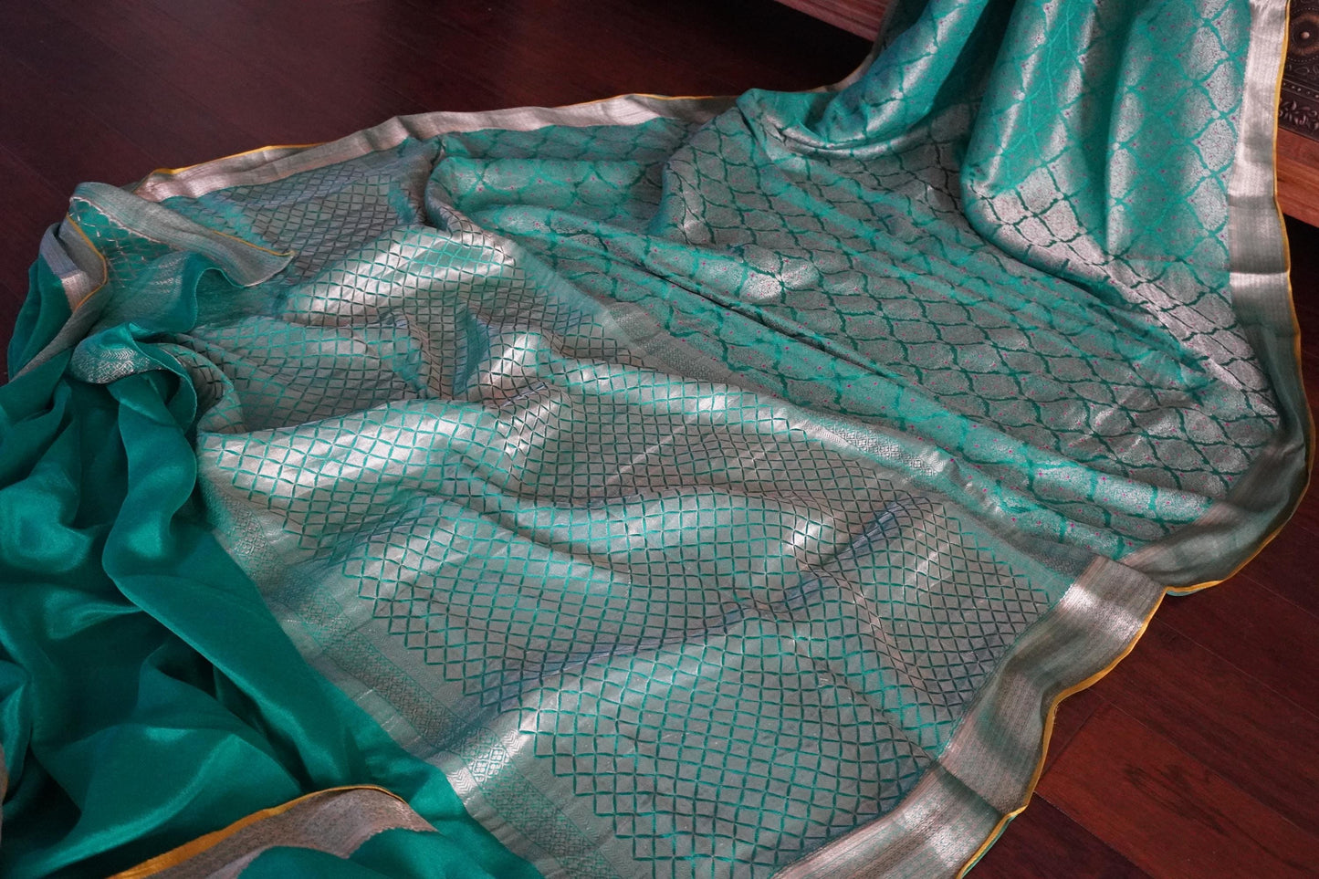 Mysore Crepe Brocade Pure Silk Minakari Saree | Rama Green | Wedding | Sattva Weaves | USA