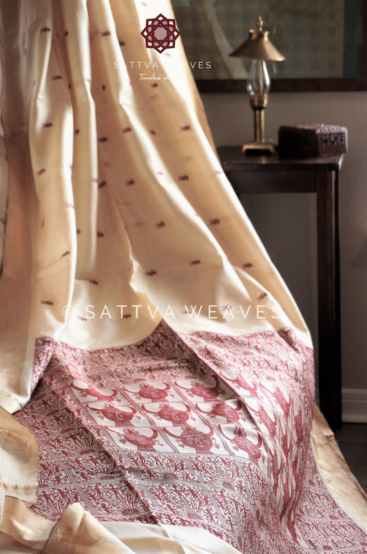 Pure Kosa Tussar Silk Saree | 100% Pure Silk Handloom | Sattva Weaves Sari | Beige & Maroon | Ships from USA