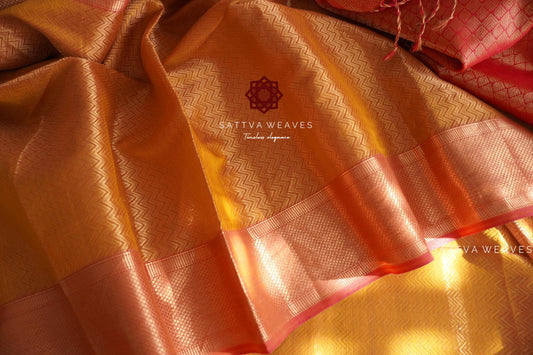 Pure Silk Tissue Maheshwari Leheriya Jaal brocade Saree |  Brocade Blouse | Yellow & Rani Pink Contemporary | Handloom Sattva Weaves | USA