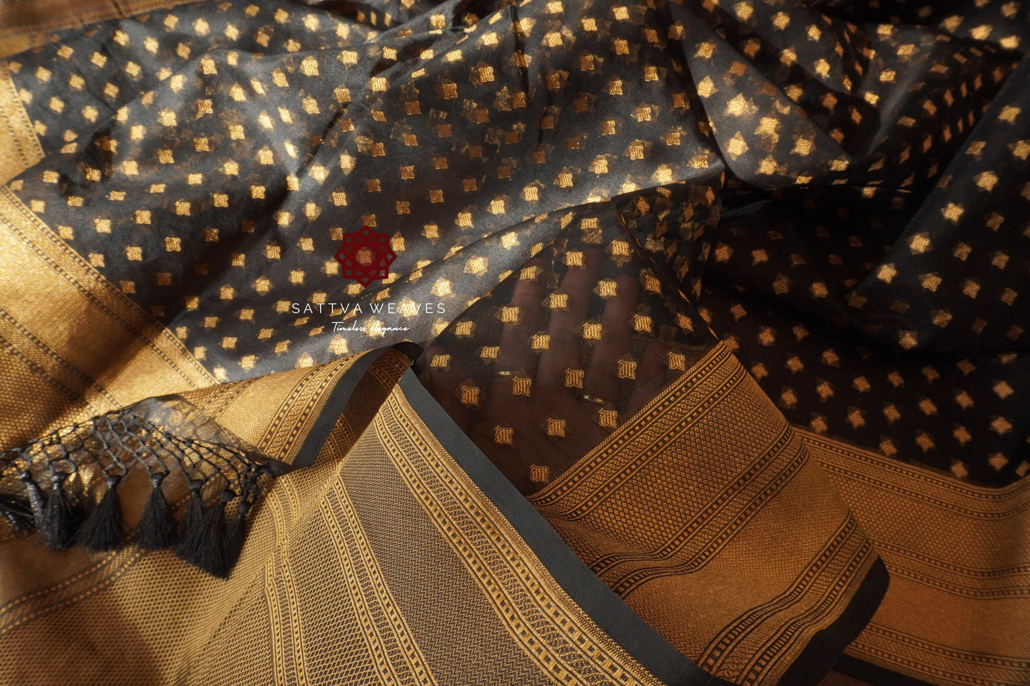 Banarasi Pure Silk Organza Kora Sari | Sheer | Handcrafted | Black and Gold saree | Golden Zari | Handloom | Sattva Weaves | USA
