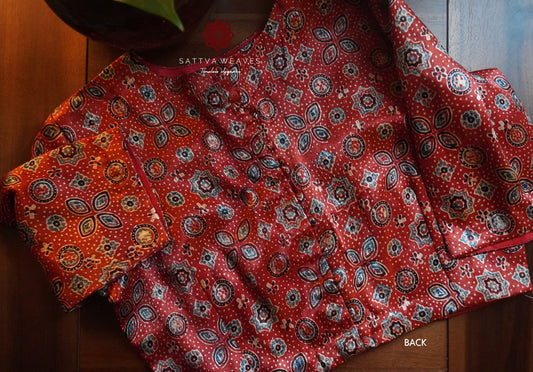 Modal Silk Ajrakh Mashru Handblock printed blouse | Ready Made | Size 38-42 | Red | Sattva Weaves | Ships from USA | Free Shipping