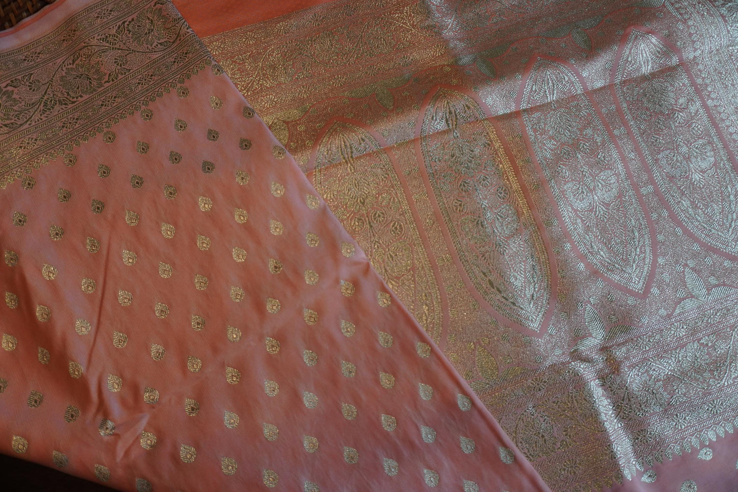 Beautiful Satin Banarasi Peachish pink saree | Golden zari | All over Butta | Sattva Weaves Sari | Free Shipping USA