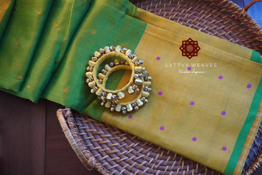 Green & Golden zari Pure SilkCotton Venkatagiri Handloom saree | Green | Sattva Weaves Sari | Ships from USA