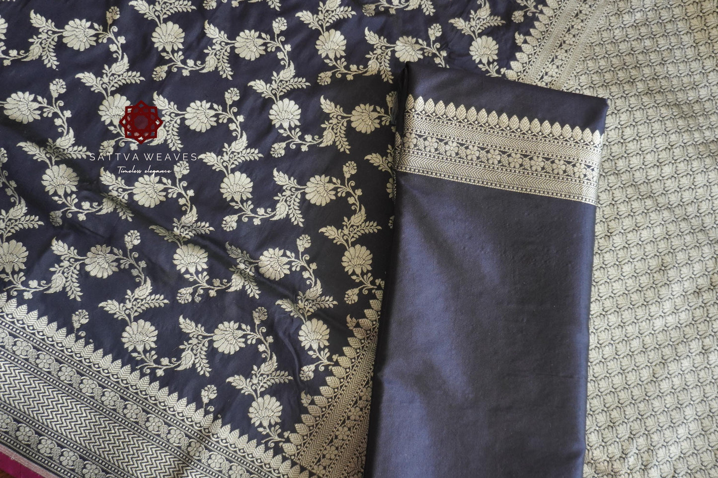 Midnight Navy Blue Banarasi Pure Silk Katan Jaal saree | Magenta Pink Kinari | Jangla | Party | Durga Pooja |  Handloom | Sattva Weaves
