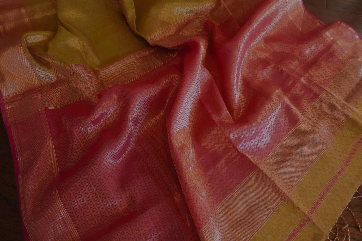 Silk Tissue Mehendi Green Rani Pink Maheshwari Leaf Jaal handcrafted Saree | Brocade | Contemporary Sari | Handloom Sattva Weaves Sari | USA