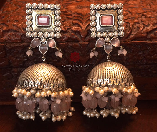 Big Jhumka Silver look alike Earrings | Pink Stone | Indian Jewelry | Handmade Jewelry | Sattva Weaves | Ships from USA
