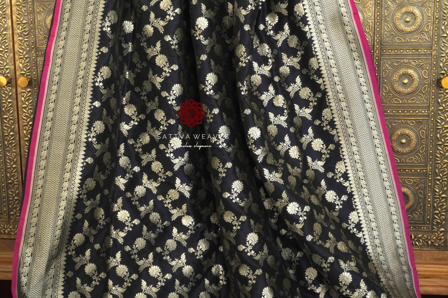Midnight Navy Blue Banarasi Pure Silk Katan Jaal saree | Magenta Pink Kinari | Jangla | Party | Durga Pooja |  Handloom | Sattva Weaves